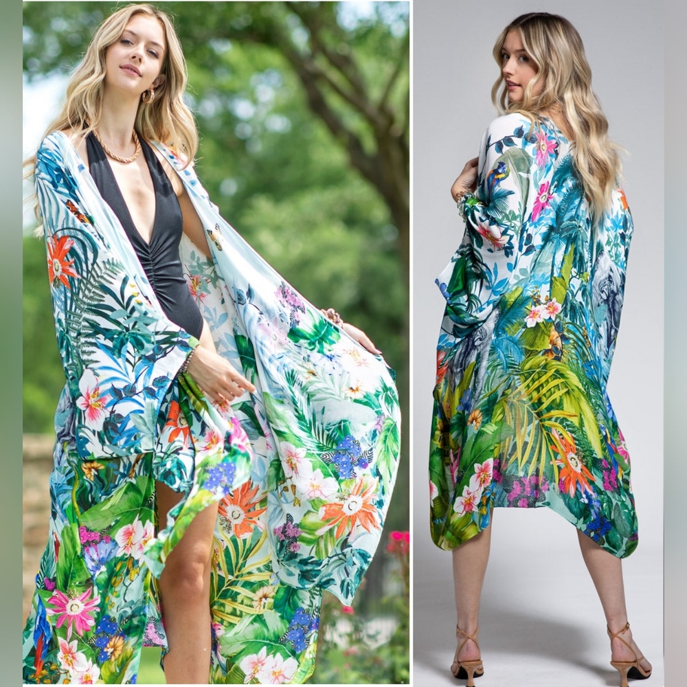 Tropical Rainforest Kimono w/ Vibrant Flowers & Elephant - Lightweight & Breezy